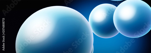 Schilderij op canvas Shiny light blue sphere orb trio floating on deep blue gradient dark background