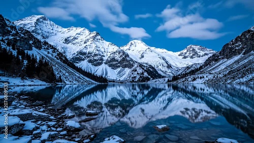 Snow capped mountain range reflected in calm alpine lake.