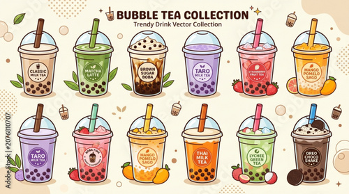 Foto Trendy bubble tea collection with various flavors