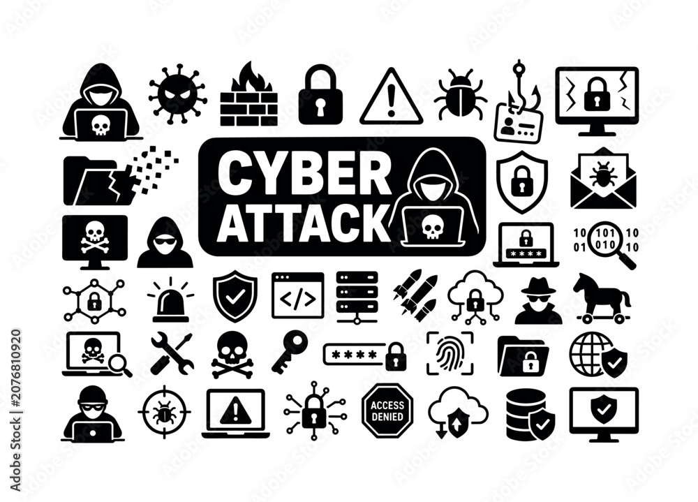 Fototapeta premium Cyber Attack Banner. Solid glyph icon set of cyber attack: hacker, virus, firewall, lock, warning, malware, phishing, data breach, security, shield, code, server, attack, cyber crime, network, alert,
