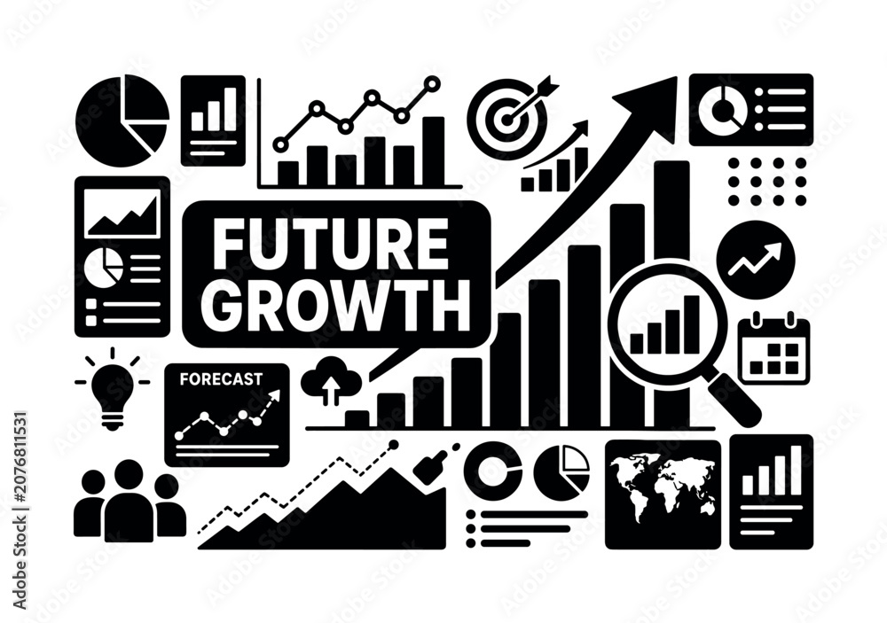 Obraz premium Business Forecasting Analytics Banner. Clean solid composition of charts, arrows, graphs, prediction lines and dashboard spread across canvas with oversized rising graph and magnifier, small analytics