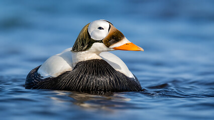 A closeup shot of a king eider duck swimming in the water