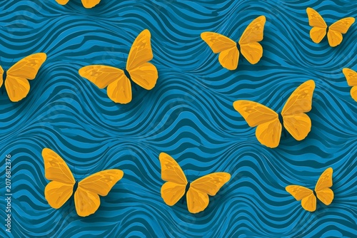 Yellow Butterflies Fly in a Blue Wavy Pattern on a Seamless Fabric Design for Decor and Apparel at High Resolution