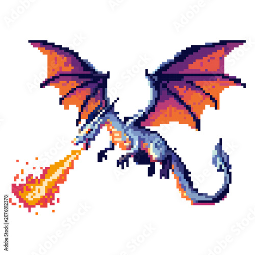 A dragon with large wings is flying in the air. It is breathing fire in a bright color. The dragon has blue and orange features and is drawn in pixel art style