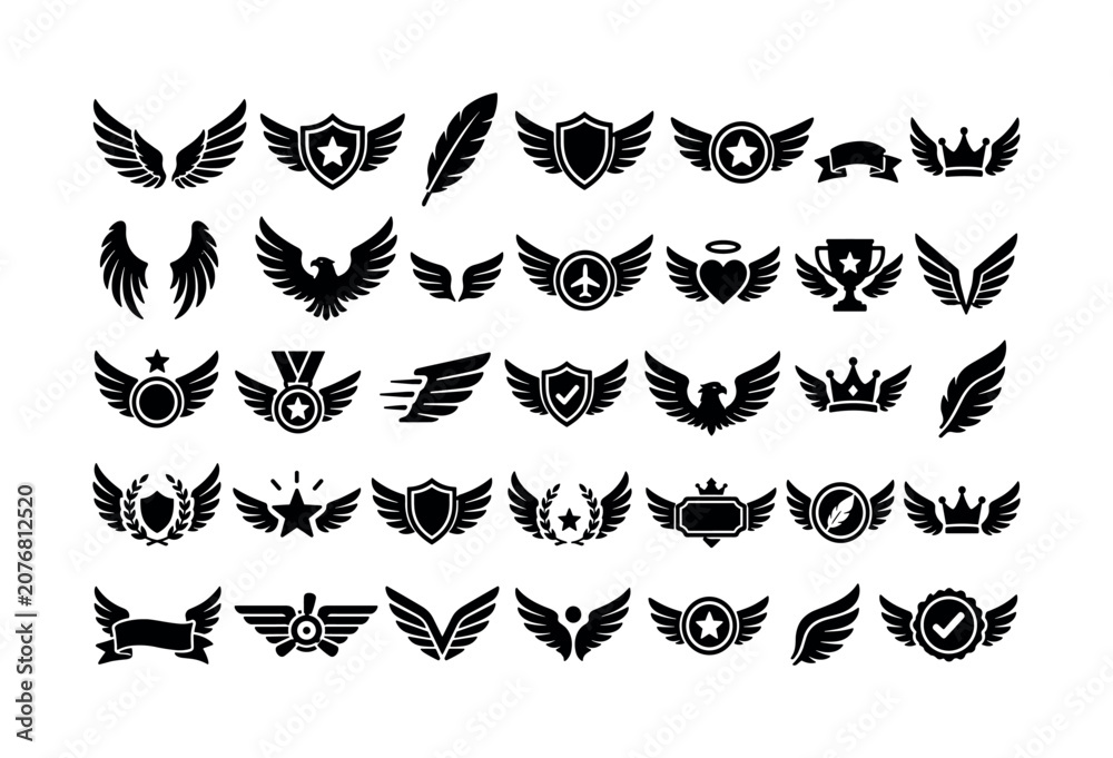 Fototapeta premium Wing Badge Symbol. Solid glyph icon set of wings and wing badges: spread wings, winged badge, feather, shield wings, star wings, ribbon wings, crown wings, angel wings, eagle wings, small wing pair,