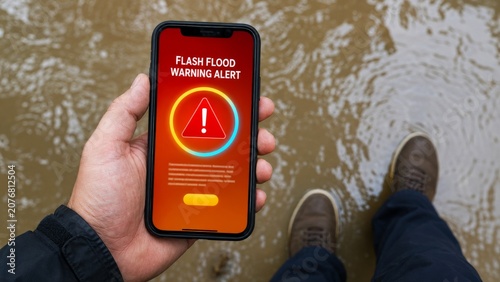 A person receives a flash flood warning on their smartphone, standing in a puddle, highlighting the urgency of weather alerts.