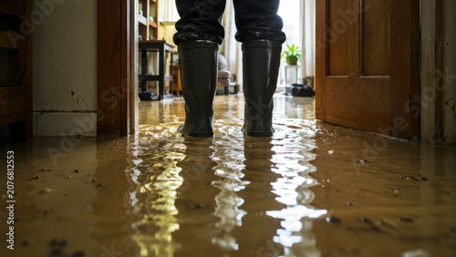 A person stands in floodwater inside a home, wearing rubber boots, as sunlight filters through an open door, highlighting the waterlogged floor.