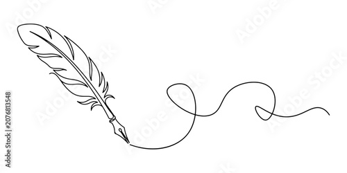 Foto Illustration of traditional feather quill pen tip writing a wavy scroll path, historical legal notary public, hand drawn outline vector illustration