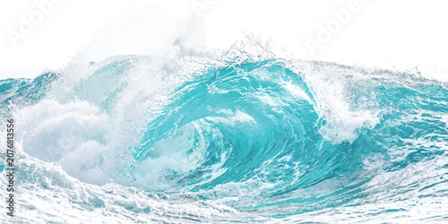 Foto Large blue ocean wave crashing with sea foam and spray in the bright sunlight