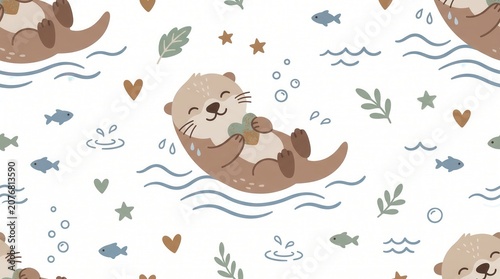 Adorable otters float on their backs in a patterned design, surrounded by fish, waves, and hearts