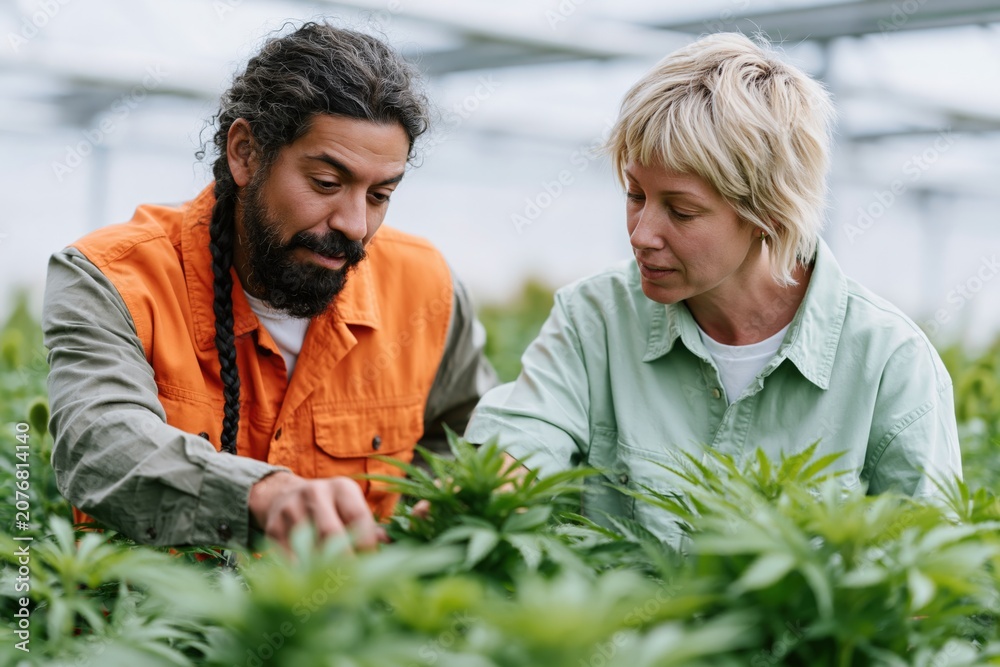 Fototapeta premium Two agricultural workers inspecting plants in a greenhouse for crop monitoring background for agriculture banner