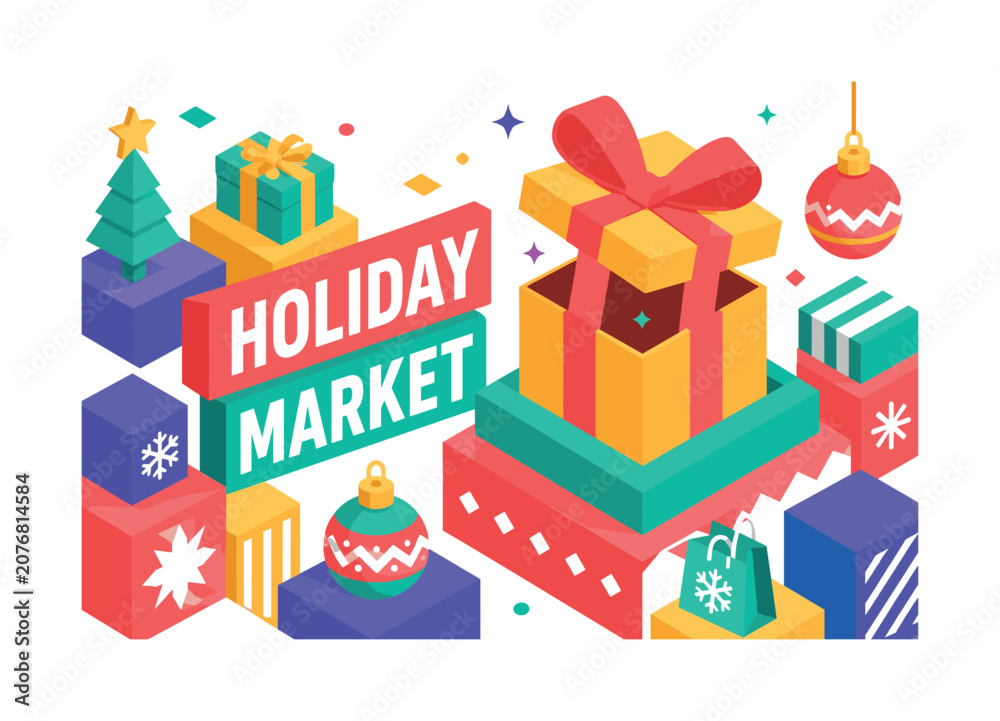 Fototapeta premium Holiday Market Icons Set , oversized gift box emerging from festive geometric platforms with bold depth, stacked holiday blocks and diagonal ornament shapes, asymmetric editorial layout, warm yellow