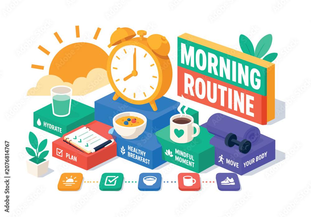 Naklejka premium Morning Routine Line Set oversized sunrise alarm clock over layered daily habit blocks, coffee and fitness platforms, soft warm morning grid, yellow and mint with coral accents, isometric flat style
