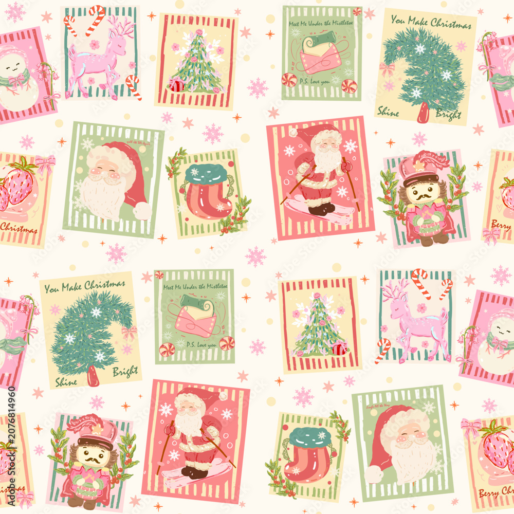 Fototapeta premium Christmas Stamp Pattern seamless background, wallpaper, Christmas mail to santa background, wrapping paper and Fabric pattern, ornament seamless, Dear santa Letter
