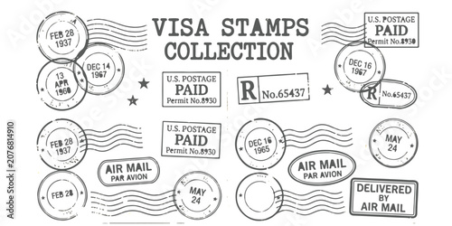 Obraz na płótnie Set of vintage visa stamps and postal cancellation marks for mail and travel doc