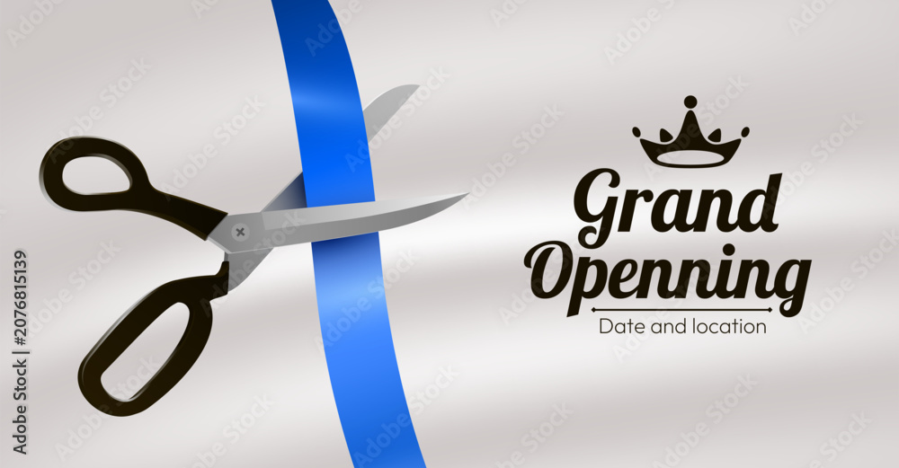 Fototapeta premium Grand opening ceremony invitation with blue ribbon cutting scissors.