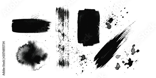 Obraz na plátně Set of black ink brush strokes and watercolor paint splatters for artistic desig