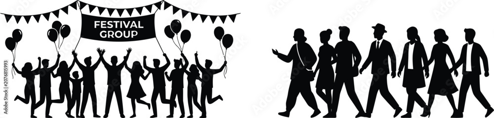 Obraz premium Black silhouettes of people celebrating festival and walking
