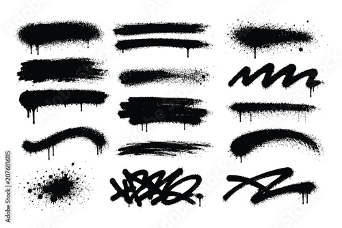 Fotografie Black spray paint texture brushes and graffiti drip elements with graffiti splat