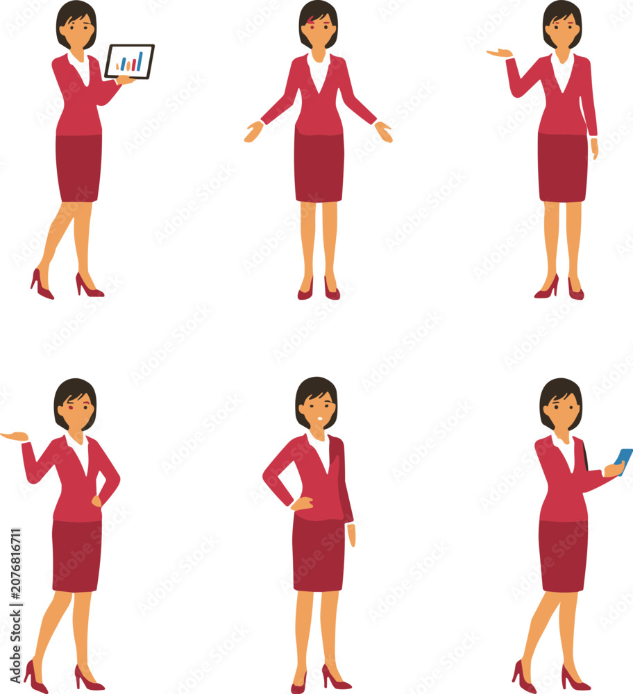 Fototapeta premium Businesswoman Poses in Red Suit with Various Gestures and Tablet Keywords: businesswoman, woman, female, professional, business, suit, red suit, skirt, heels, poses, gestures, holding tablet