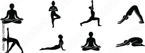 Tableau sur toile Black silhouettes of people doing various yoga poses