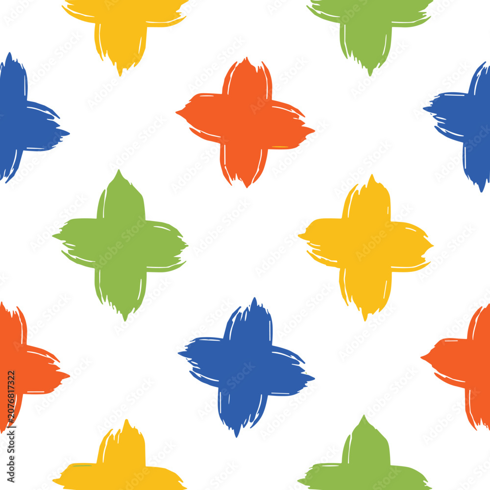 Fototapeta premium Seamless Pattern of Colorful Brush Stroke Quatrefoil Shapes on White background