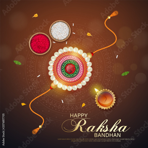 Happy raksha bandhan ceremony poster template design with decorative rakhi with diya, sindoor and rice.
