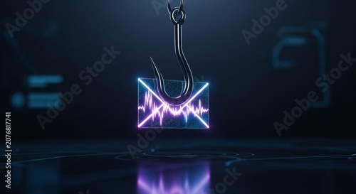 Cybersecurity phishing hook threatening digital email with neon waveform, representing online threats and urgent data risk