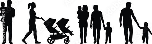 Tableau sur toile Black silhouettes of happy family members with stroller