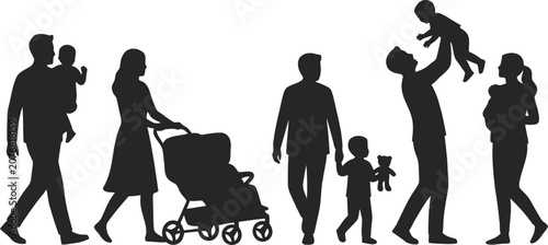 Tableau sur toile Black silhouettes of happy family members walking and playing