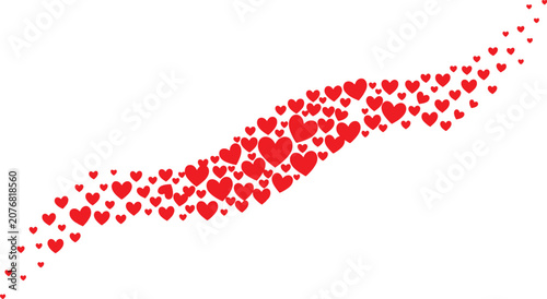 Red hearts flying up in a diagonal line on white background