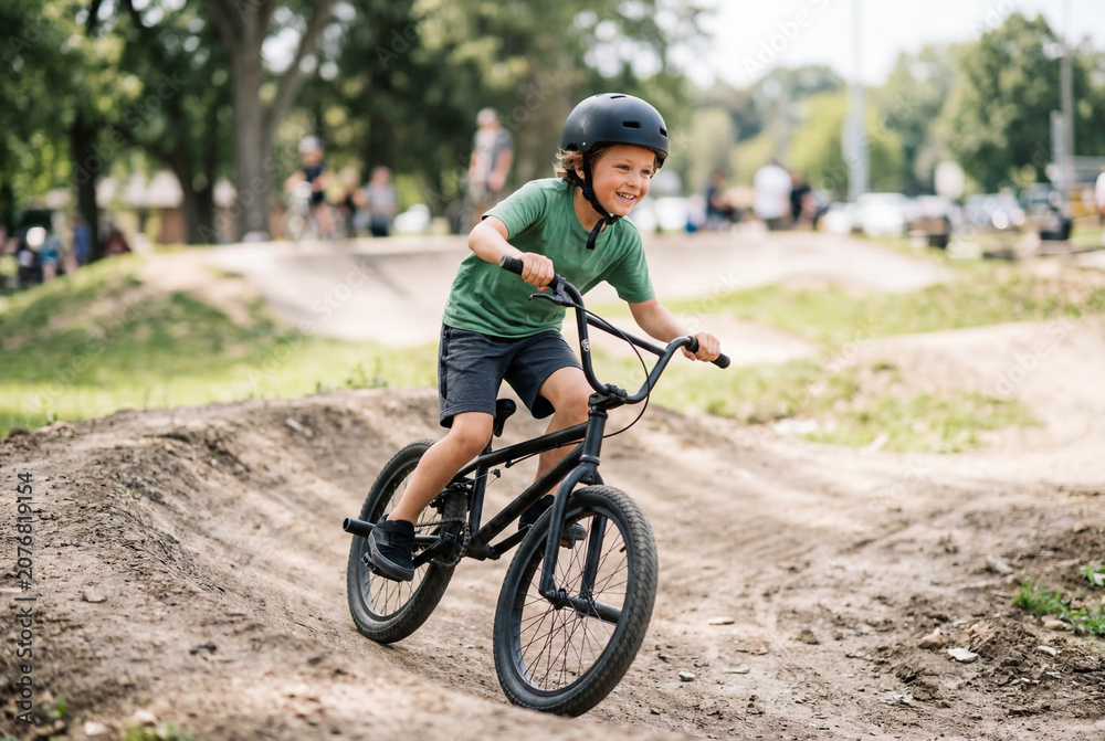 Obraz premium Young boy wearing a helmet and riding a bmx bike on a dirt pump track