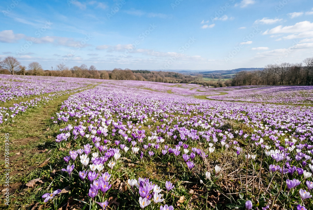 Obraz premium Sweeping field of purple and white crocus flowers under blue sky