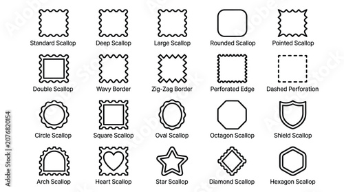 Border and frame shapes set featuring standard deep large rounded pointed double scallop wavy zig-zag perforated edge dashed circle square oval octagon and shield designs.