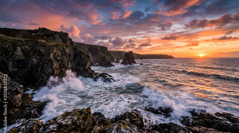 Fototapeta premium dramatic ocean waves crashing against rocky coastline at sunset.