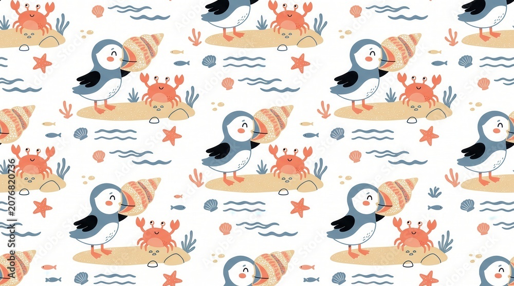 Obraz premium Cartoon puffins hold spiral seashells near smiling crabs on a sandy beach with small waves
