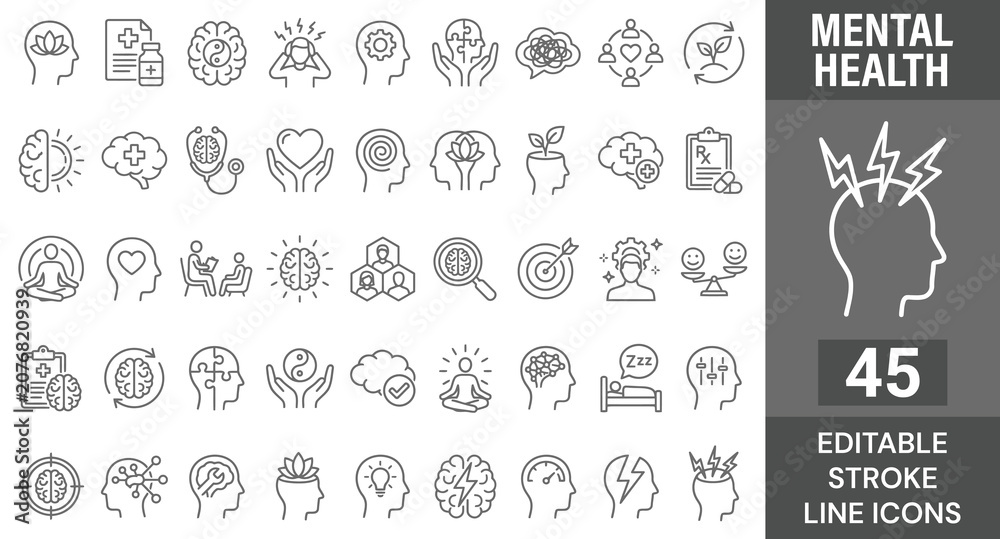 Fototapeta premium Mental health and psychology line icons set. Vector brain wellness therapy psychiatry, stress depression anxiety counseling medical doctor support, heart emotional balance intelligence, editable strok