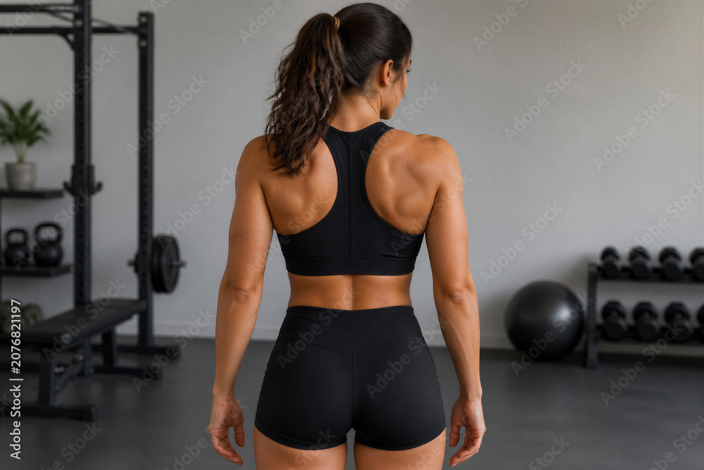 Fototapeta premium Female athlete standing in gym showing back muscles