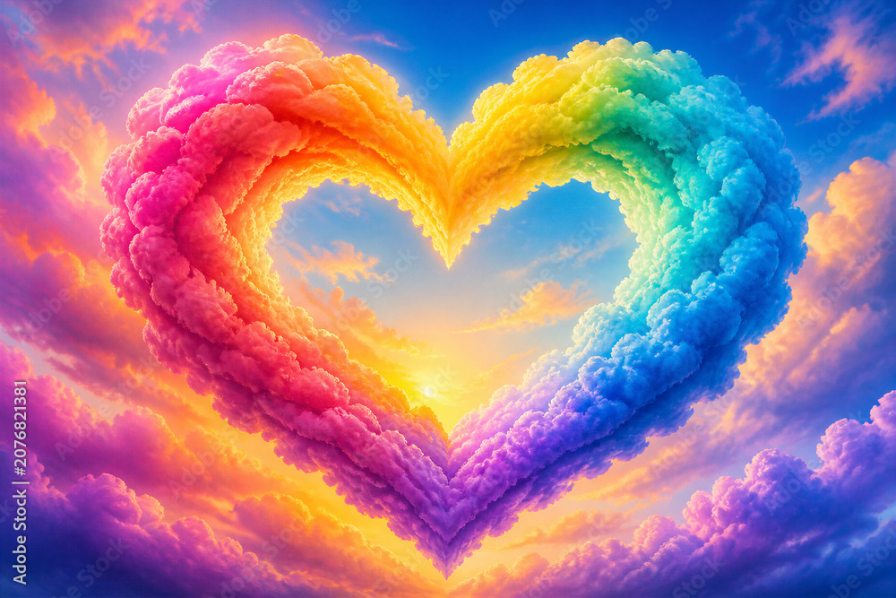 Naklejka premium Rainbow cloud heart forming over colorful sunset sky