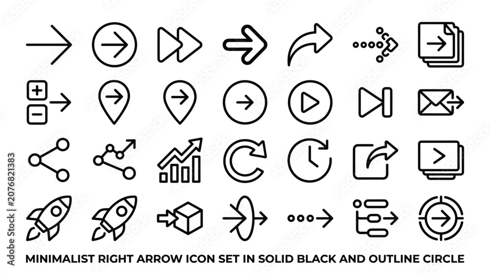 Fototapeta premium Minimalist right arrow icon set in solid black and outline circle styles including navigation pointers play buttons cloud sync progress bars and data direction indicators.