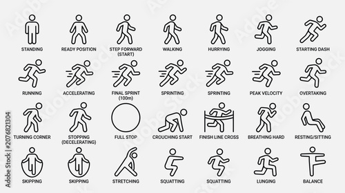Human motion and exercise icons set depicting various fitness movements running steps and body postures for athletic coaching health training programs and physical activity guides.