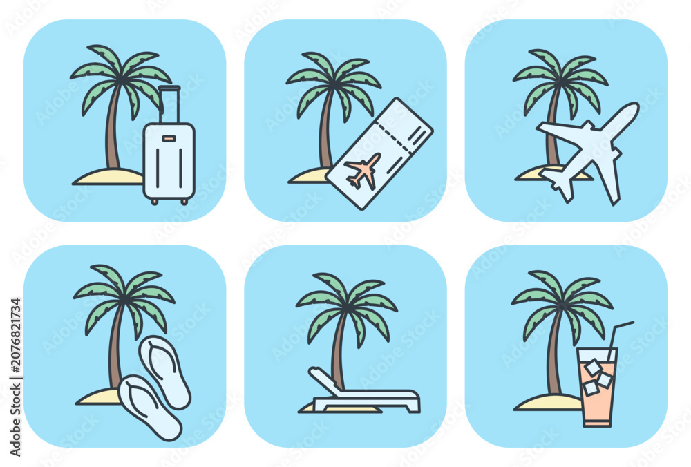 Fototapeta premium Flat vector icon set of tropical palm trees and summer travel elements. Illustrations for vacation design