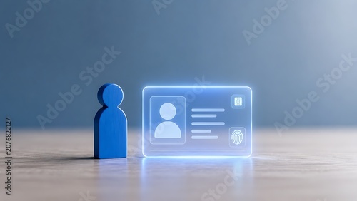 Digital identity concept with a blue wooden human figure next to a glowing holographic id card on a wooden surface