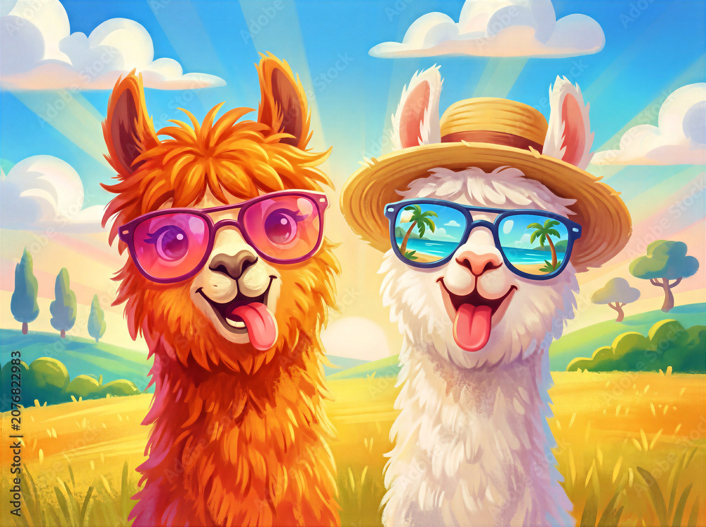 Fototapeta premium Cheerful pair of camelids, including a bright orange llama and a white alpaca, enjoy a summer day. These playful woolly lounge under bright rays in a vibrant field.