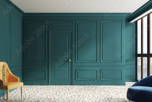 Abstract modern green scene. Modern home interior with decor, living room in green color. Neoclassical interior design.  