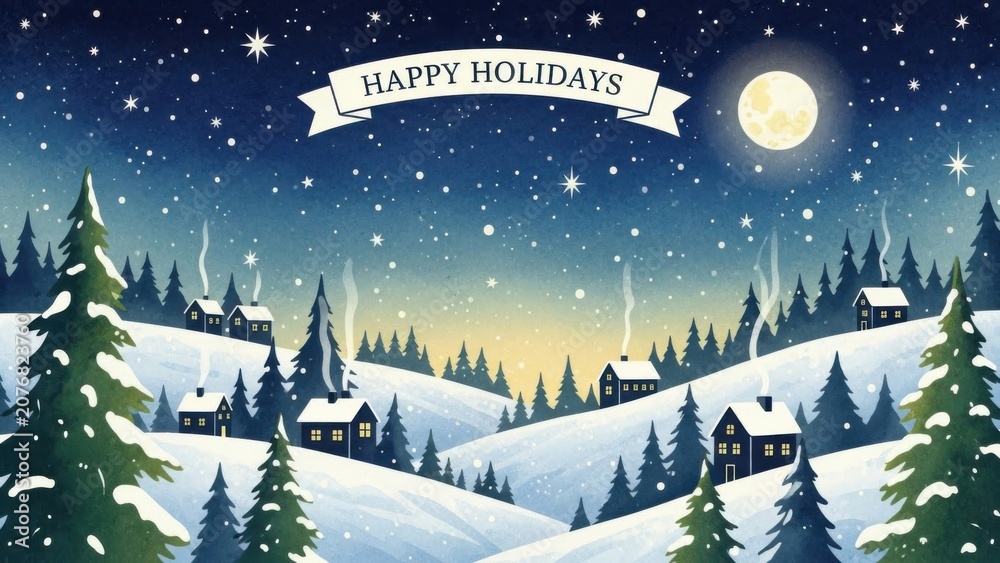 Fototapeta premium Snowy Mountain Landscape with Moonlit Holiday Banner and Festive Winter Forest Scene