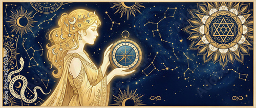 Mystical star maiden or cosmic seer holds a glowing celestial sphere amidst swirling. This astral enchantress navigates the heavens using her ornate compass.