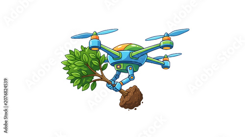 Drone carrying tree sapling flat vector illustration concept graphic symbol artwork green eco