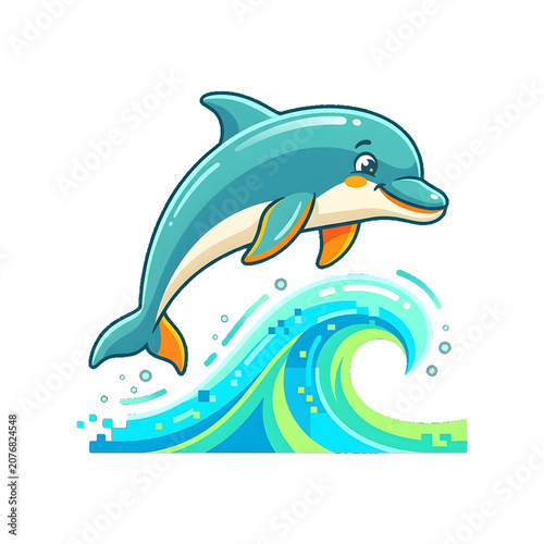 Dolphin leaping over digital wave flat vector illustration concept graphic symbol artwork green