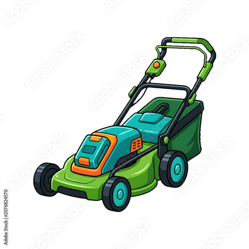 Electric lawnmower flat vector illustration isolated on clean simple background for web assets
